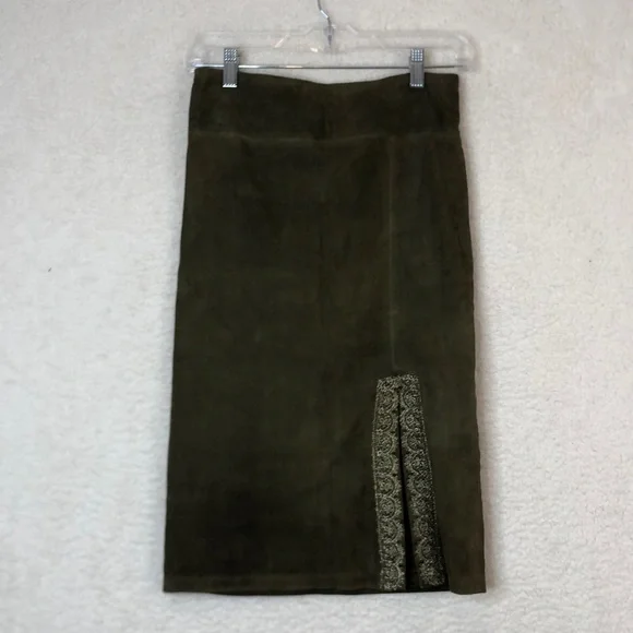 Alice + Olivia Womens Olive Green French Leather Suede Skirt SIZE 2 - Picture 1 of 9